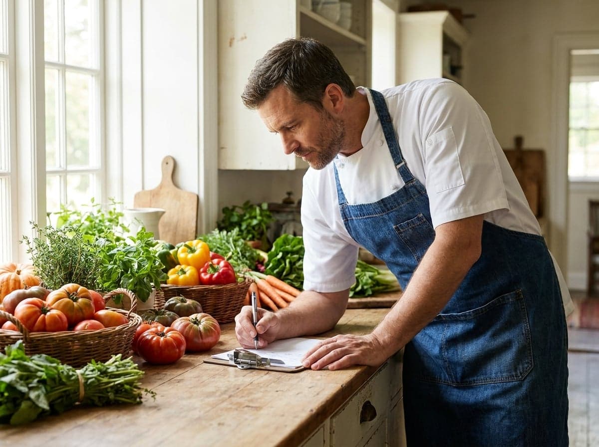 Chef calculant ses coûts avec des produits frais