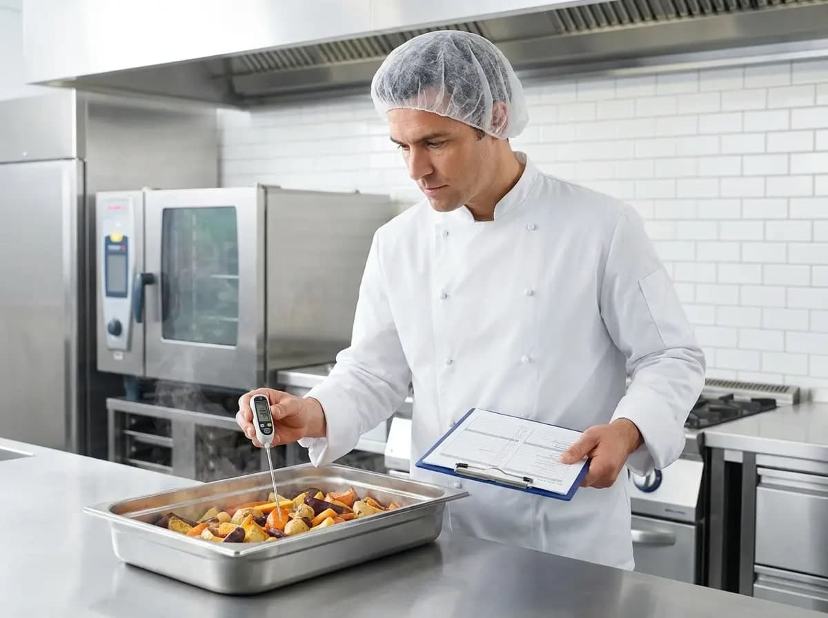Chef contrôlant l'hygiène et la conformité en cuisine