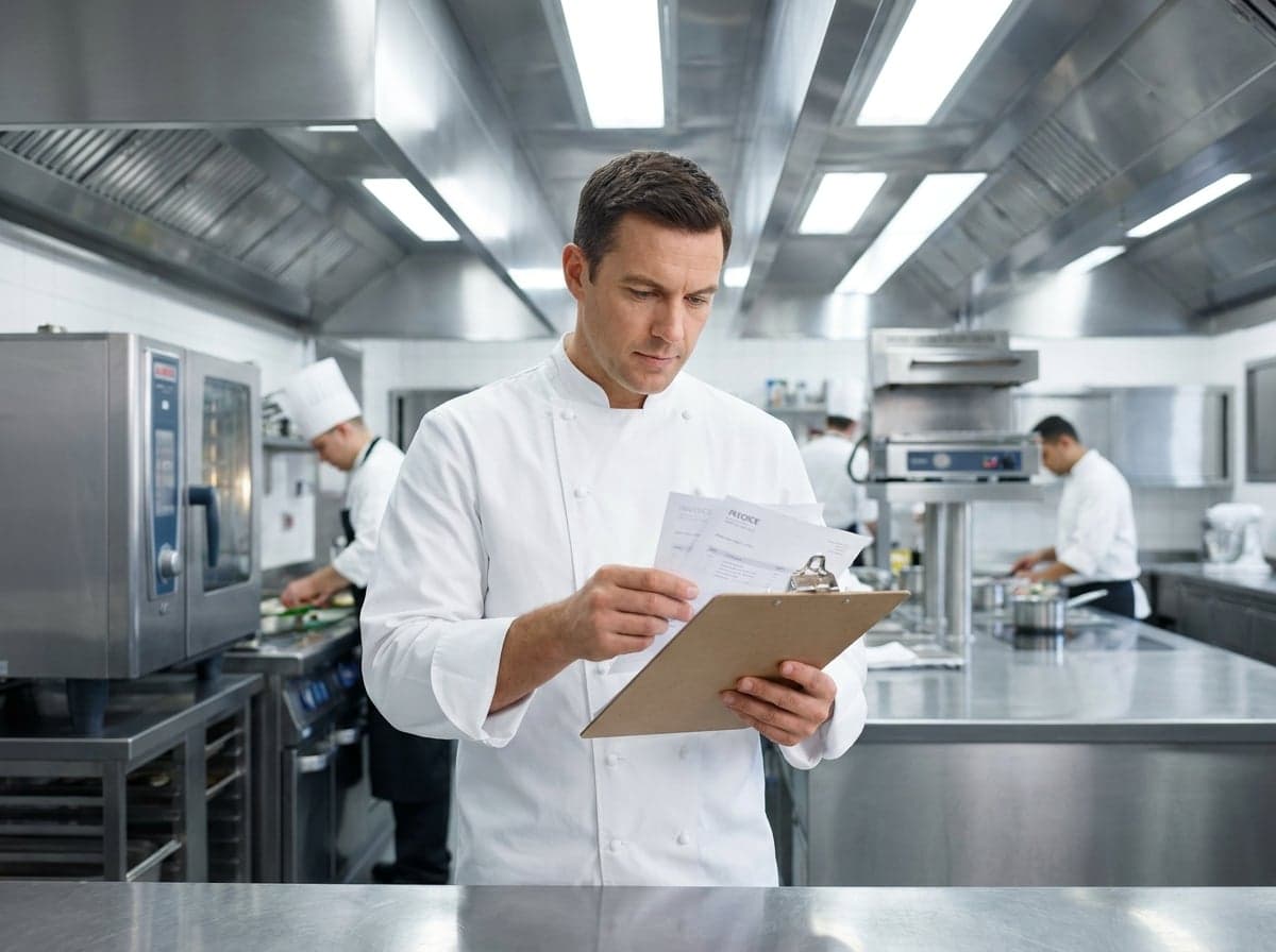 Chef vérifiant ses factures fournisseurs en cuisine